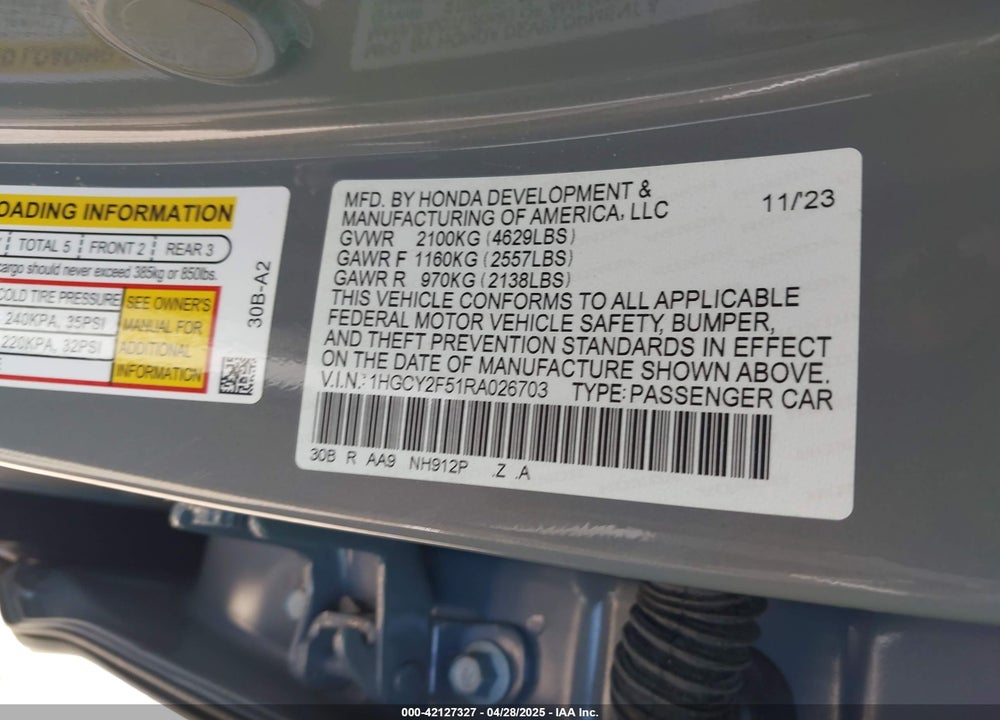 2024 HONDA ACCORD VIN: 1HGCY2F51RA026703