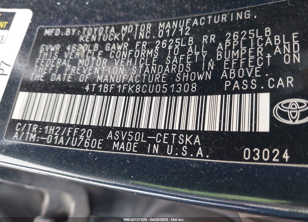 2012 TOYOTA CAMRY VIN: 4T1BF1FK8CU051308