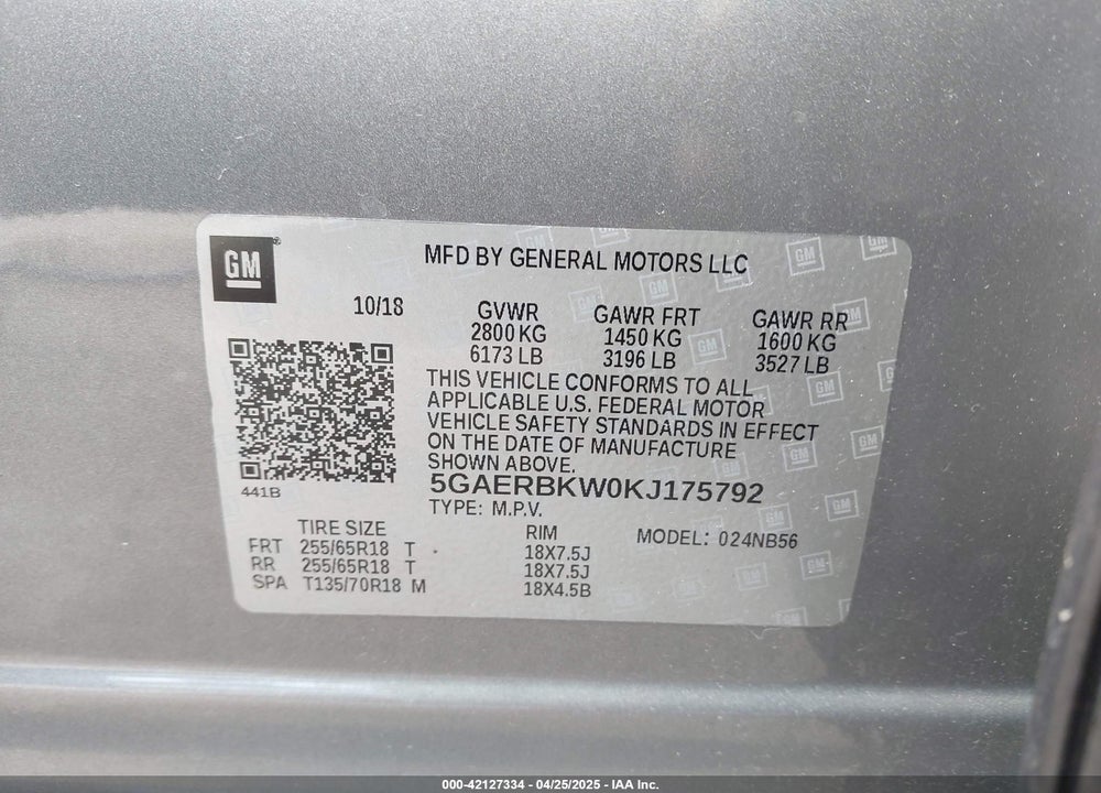 2019 BUICK ENCLAVE VIN: 5GAERBKW0KJ175792