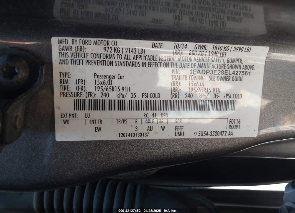 2014 FORD FOCUS VIN: 1FADP3E28EL427561