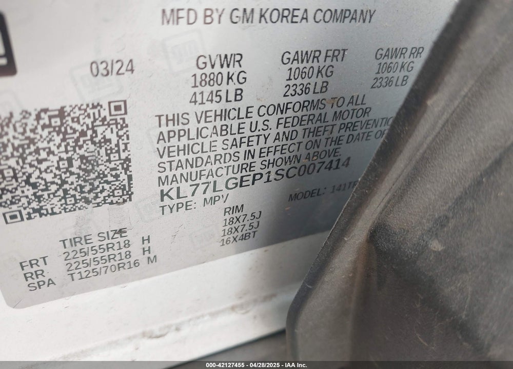 2025 CHEVROLET TRAX FWD 1RS VIN: KL77LGEP1SC007414