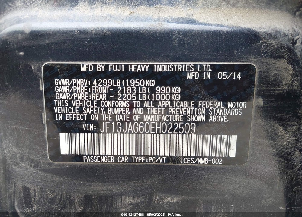 2014 SUBARU IMPREZA VIN: JF1GJAG60EH022509