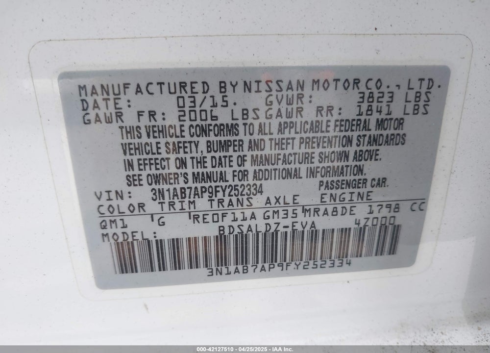 2015 NISSAN SENTRA VIN: 3N1AB7AP9FY252334