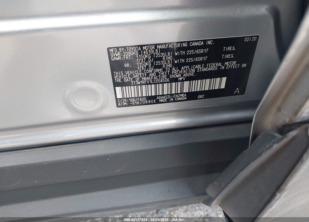 2020 TOYOTA RAV4 VIN: 2T3W1RFV1LC058506