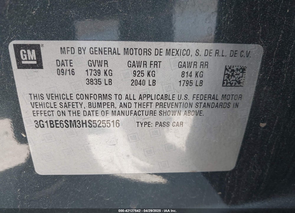 2017 CHEVROLET CRUZE LT AUTO VIN: 3G1BE6SM3HS525516