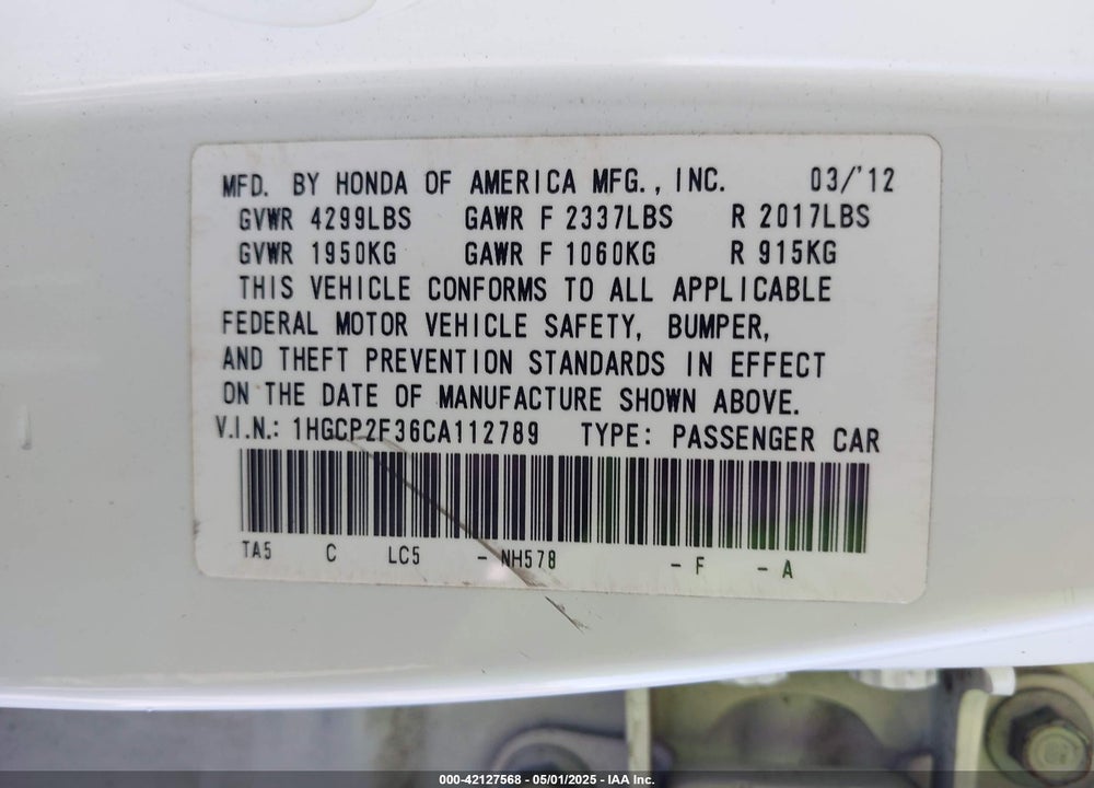 2012 HONDA ACCORD 2.4 LX VIN: 1HGCP2F36CA112789