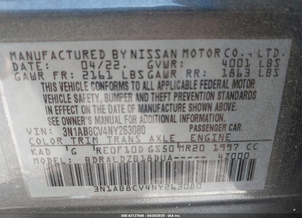 2022 NISSAN SENTRA VIN: 3N1AB8CV4NY263080