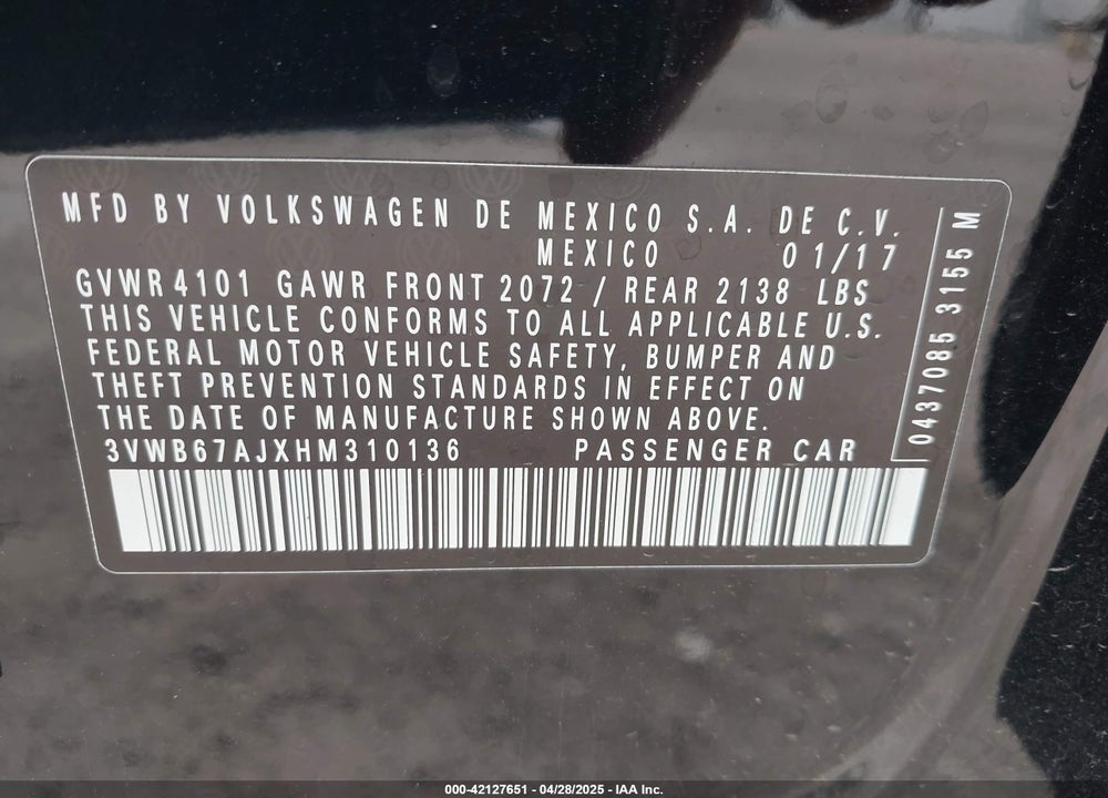 2017 VOLKSWAGEN JETTA 1.4T SE VIN: 3VWB67AJXHM310136