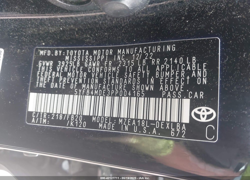 2023 TOYOTA COROLLA VIN: 5YFB4MDE3PP004165