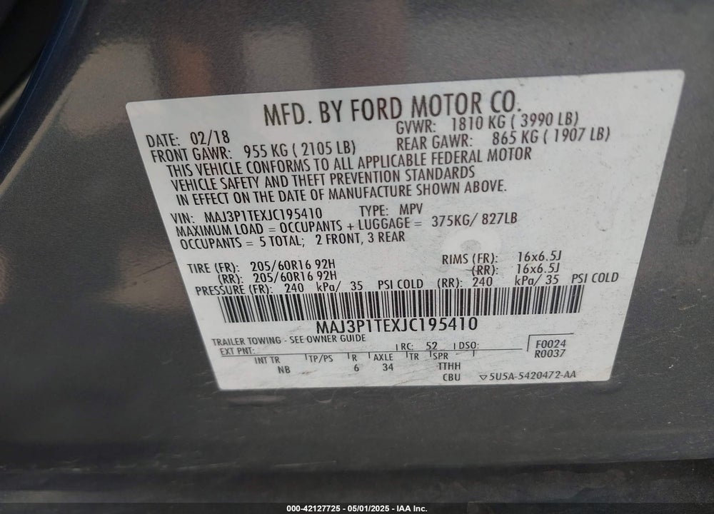 2018 FORD ECOSPORT VIN: MAJ3P1TEXJC195410
