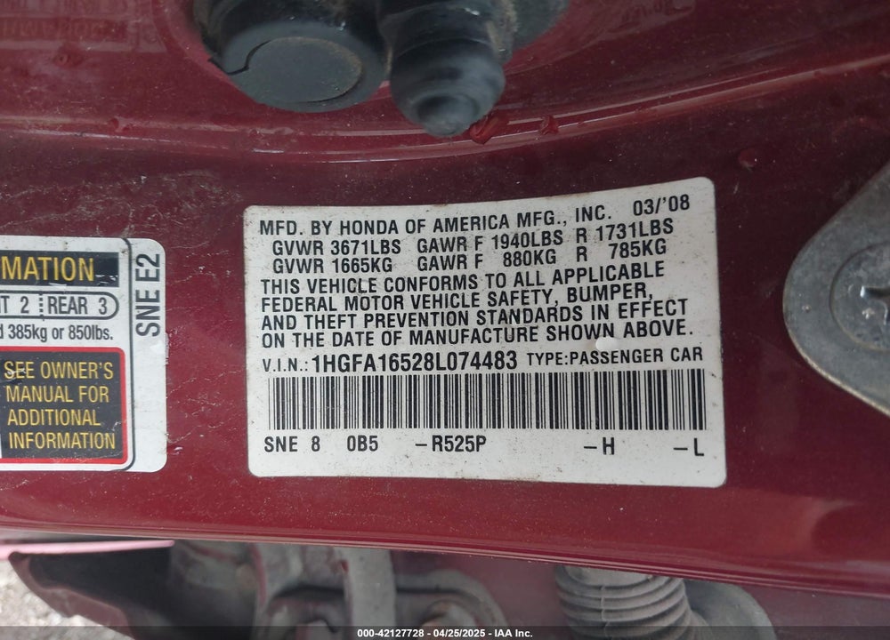 2008 HONDA CIVIC LX VIN: 1HGFA16528L074483