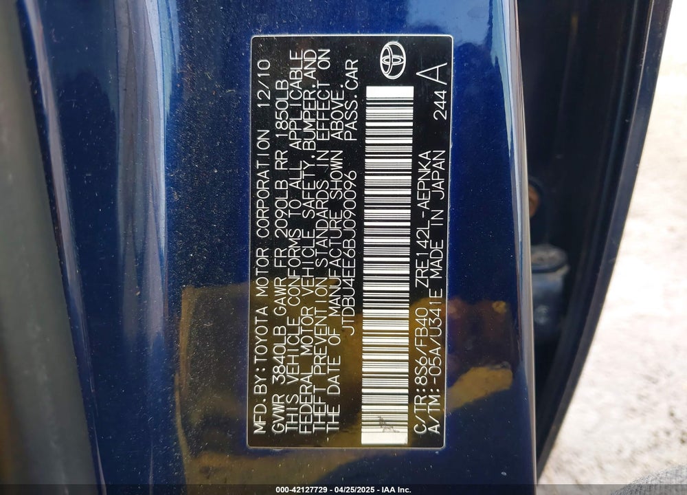 2011 TOYOTA COROLLA VIN: JTDBU4EE6BJ090096