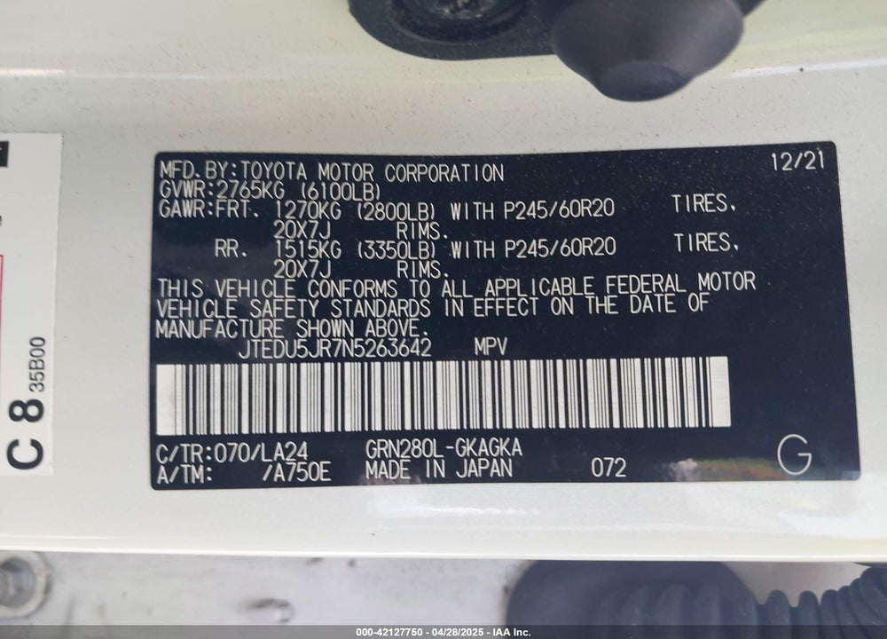 2022 TOYOTA 4RUNNER LIMITED VIN: JTEDU5JR7N5263642