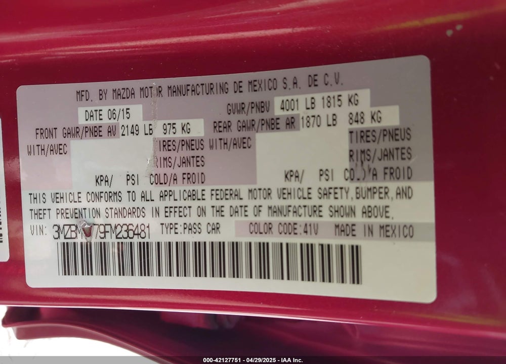 2015 MAZDA MAZDA3 VIN: 3MZBM1V79FM236481