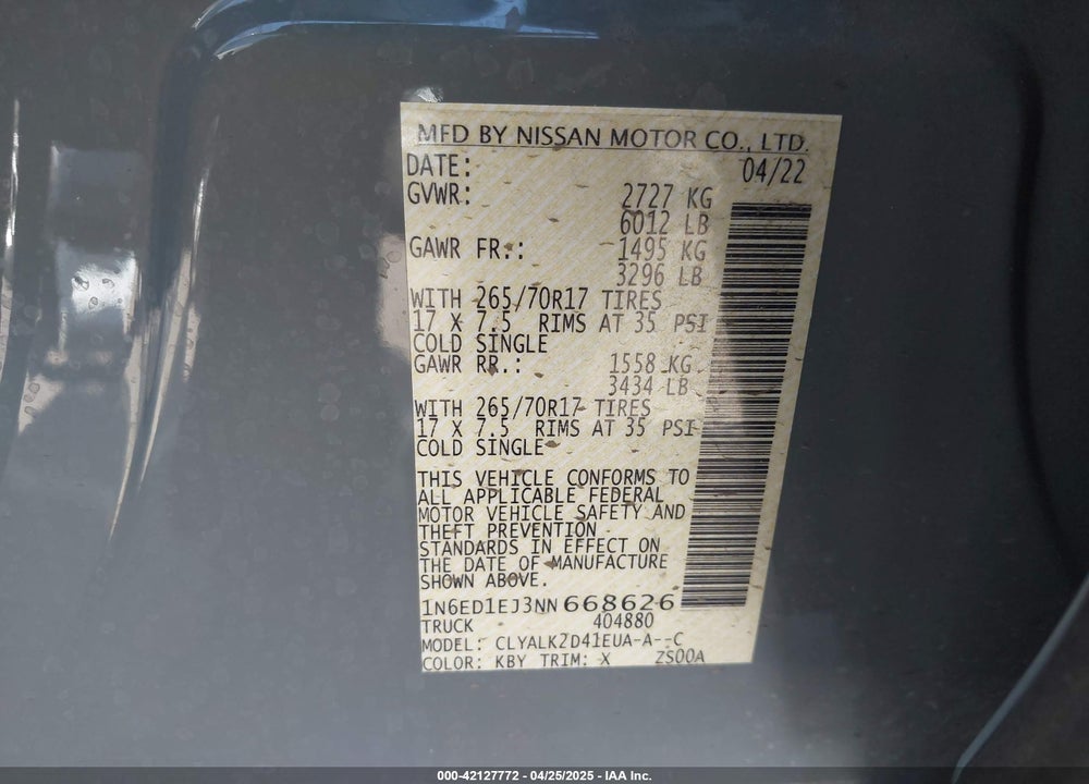 2022 NISSAN FRONTIER VIN: 1N6ED1EJ3NN668626