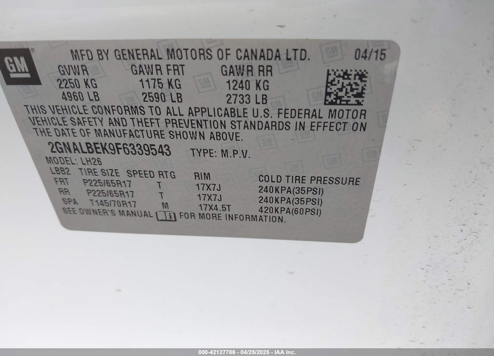 2015 CHEVROLET EQUINOX VIN: 2GNALBEK9F6339543
