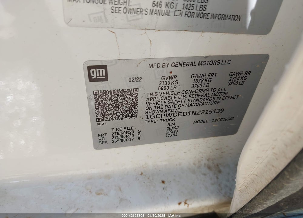 2022 CHEVROLET SILVERADO 1500 LTD VIN: 1GCPWCED1NZ215139