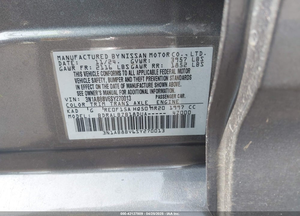 2025 NISSAN SENTRA VIN: 3N1AB8BV6SY270013
