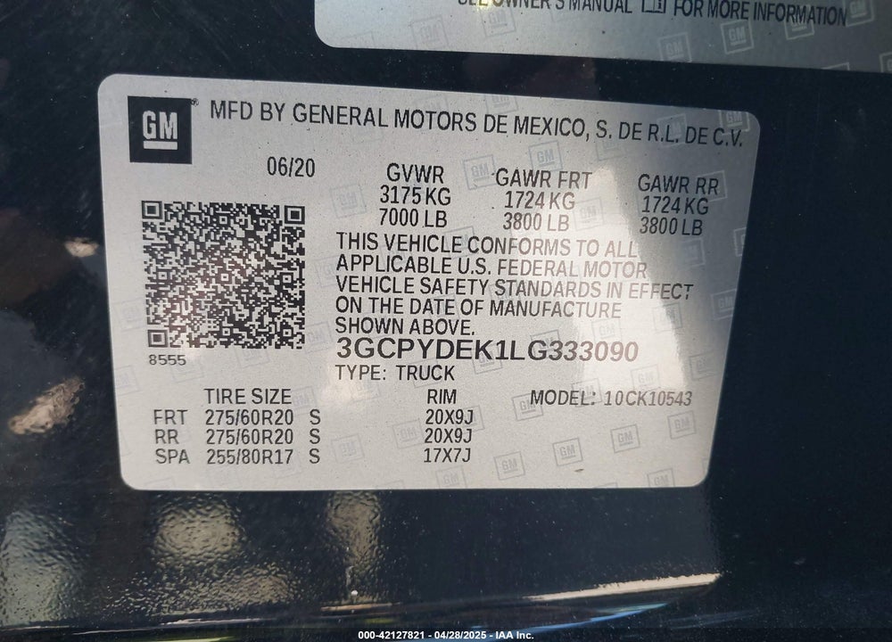 2020 CHEVROLET SILVERADO 1500 4WD  SHORT BED LT VIN: 3GCPYDEK1LG333090
