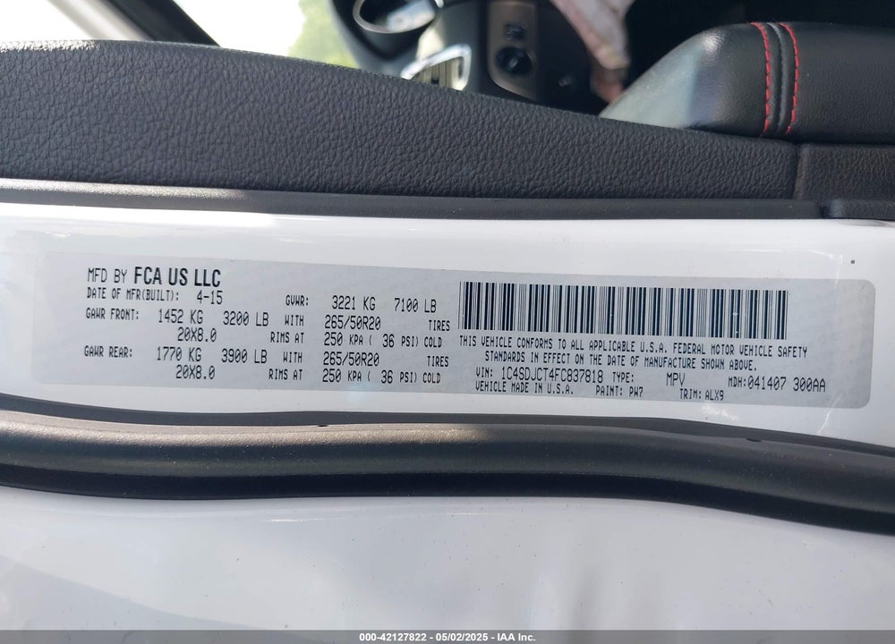 2015 DODGE DURANGO VIN: 1C4SDJCT4FC837818