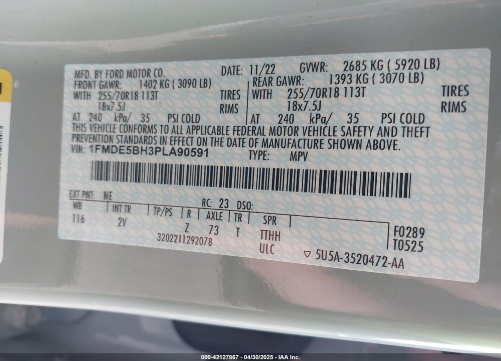 2023 FORD BRONCO VIN: 1FMDE5BH3PLA90591