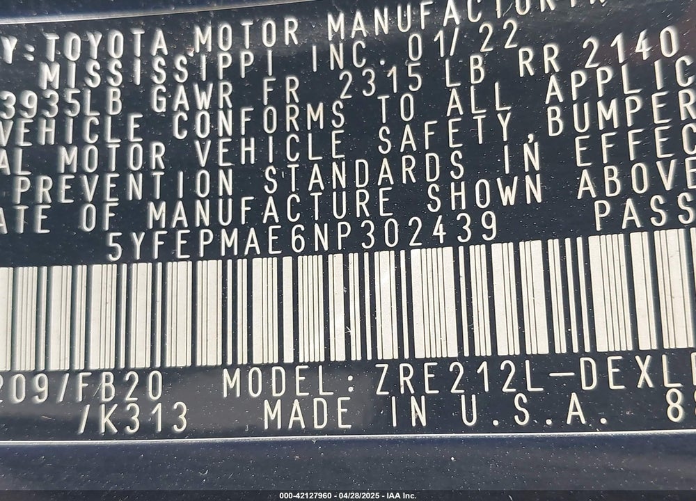 2022 TOYOTA COROLLA VIN: 5YFEPMAE6NP302439