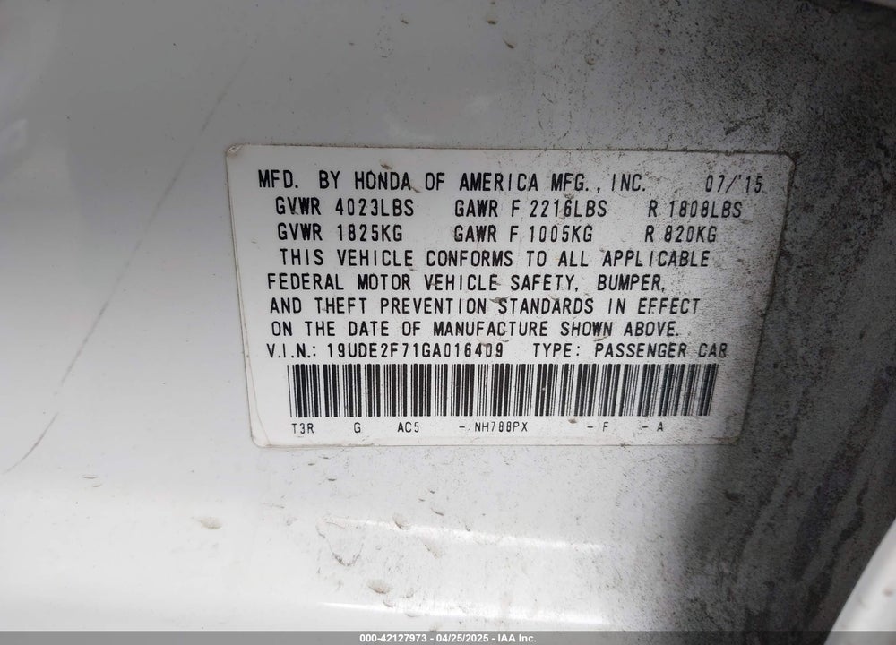 2016 ACURA ILX VIN: 19UDE2F71GA016409