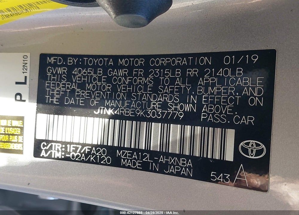 2019 TOYOTA COROLLA SE VIN: JTNK4RBE9K3037779