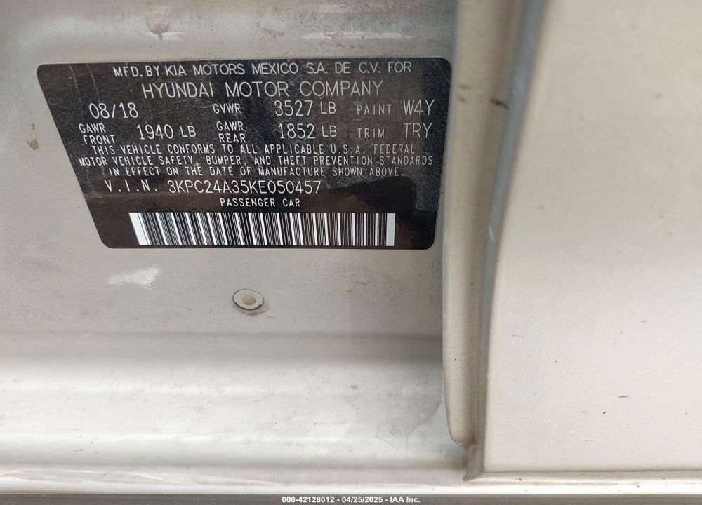 2019 HYUNDAI ACCENT SE VIN: 3KPC24A35KE050457