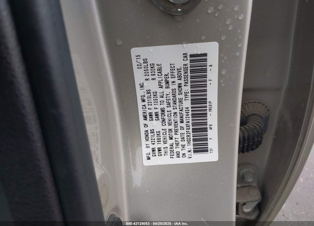 2015 HONDA ACCORD EX-L VIN: 1HGCR2F8XFA124454