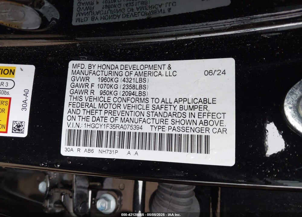 2024 HONDA ACCORD VIN: 1HGCY1F35RA075394