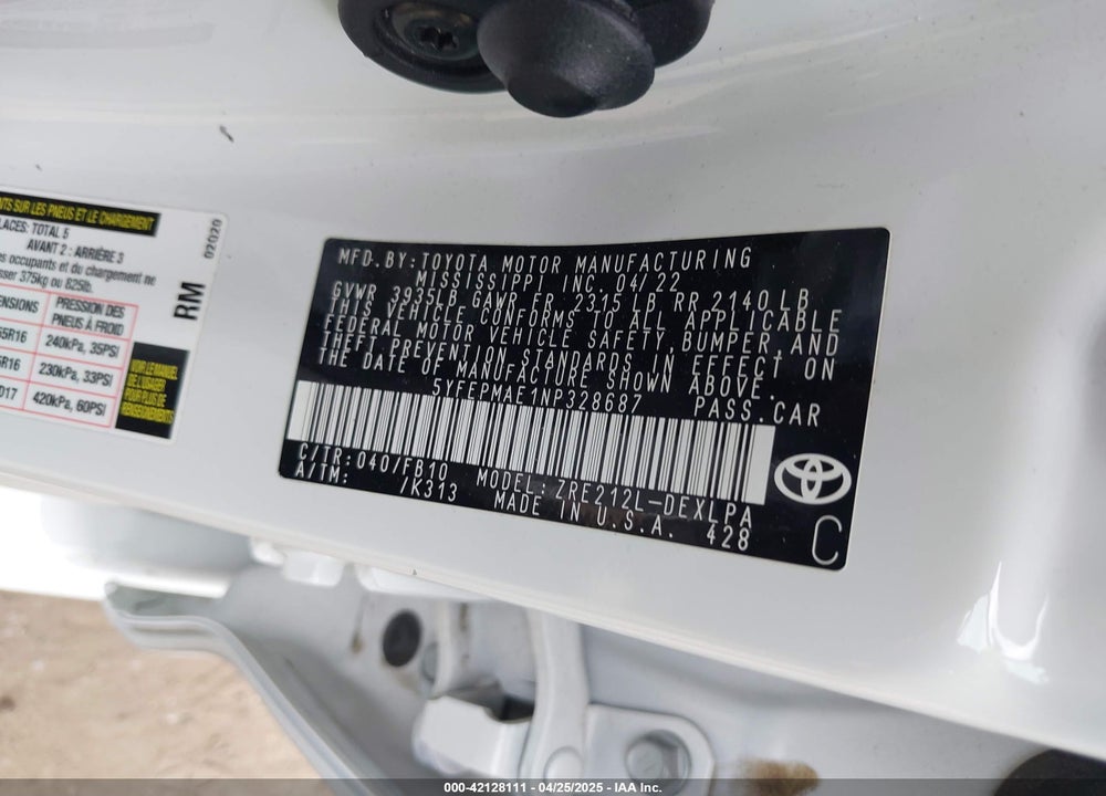 2022 TOYOTA COROLLA VIN: 5YFEPMAE1NP328687