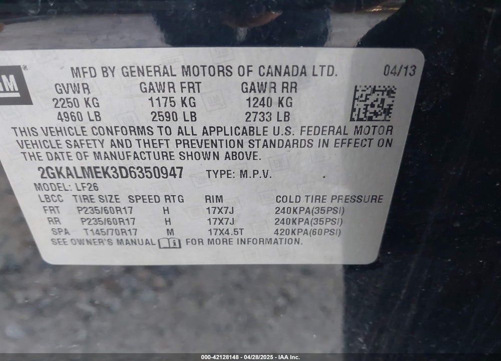 2013 GMC TERRAIN SLE-1 VIN: 2GKALMEK3D6350947