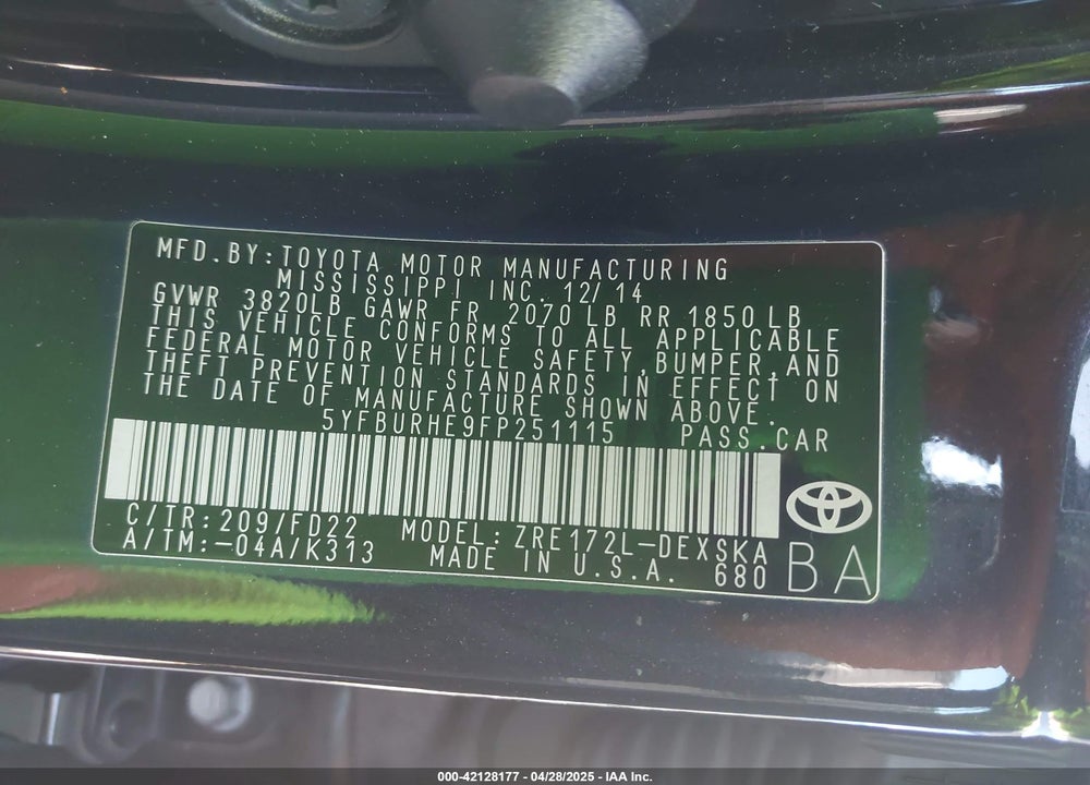 2015 TOYOTA COROLLA S PLUS VIN: 5YFBURHE9FP251115