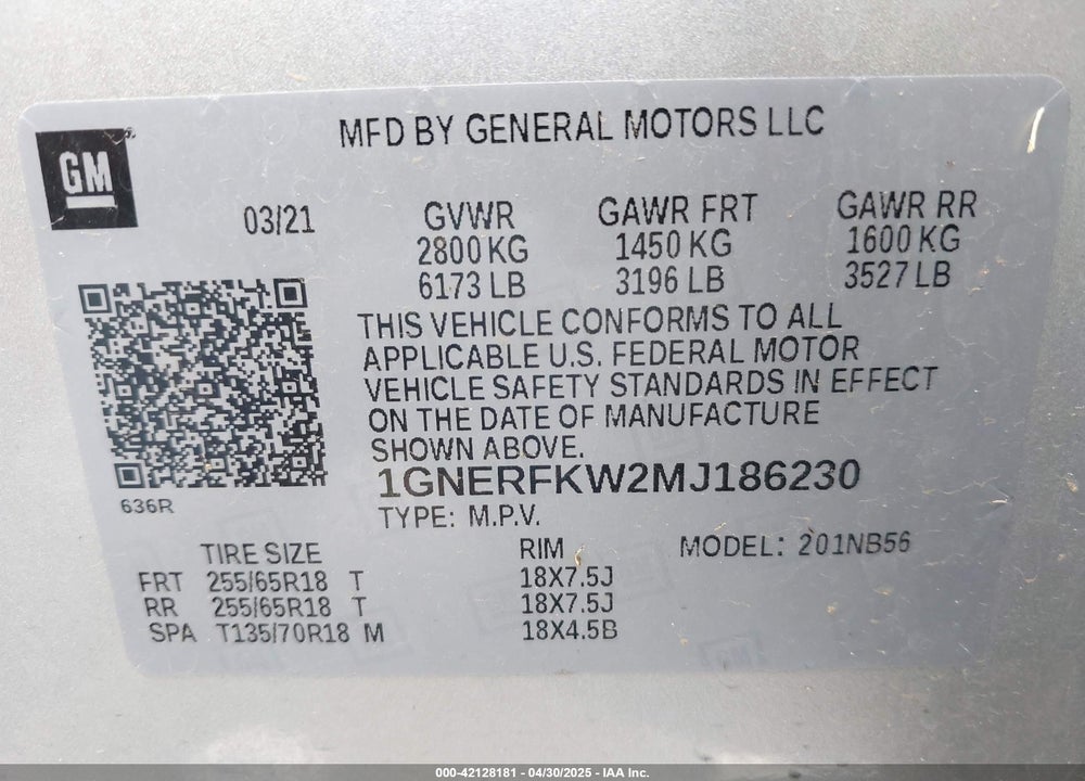 2021 CHEVROLET TRAVERSE VIN: 1GNERFKW2MJ186230