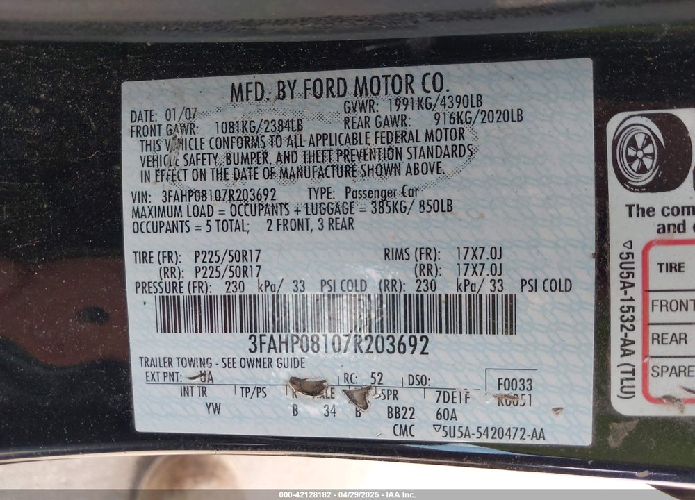2007 FORD FUSION SEL VIN: 3FAHP08107R203692
