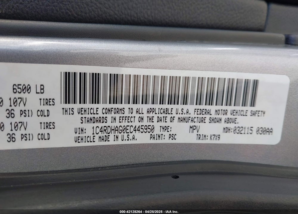 2014 DODGE DURANGO VIN: 1C4RDHAG0EC445950