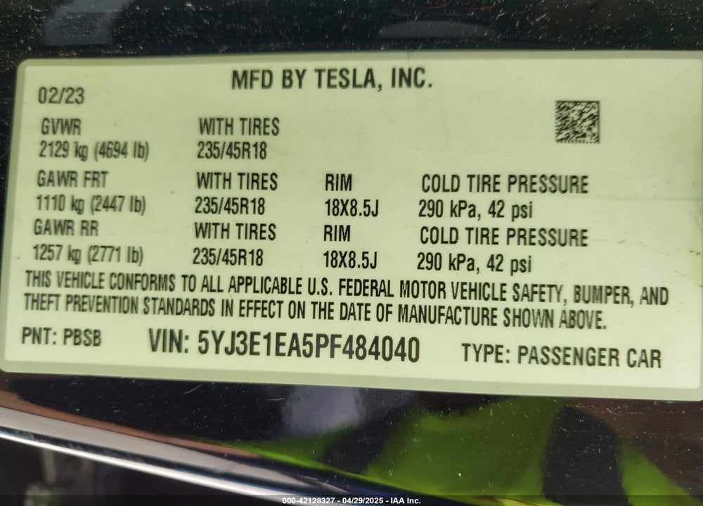 2023 TESLA MODEL 3 VIN: 5YJ3E1EA5PF484040