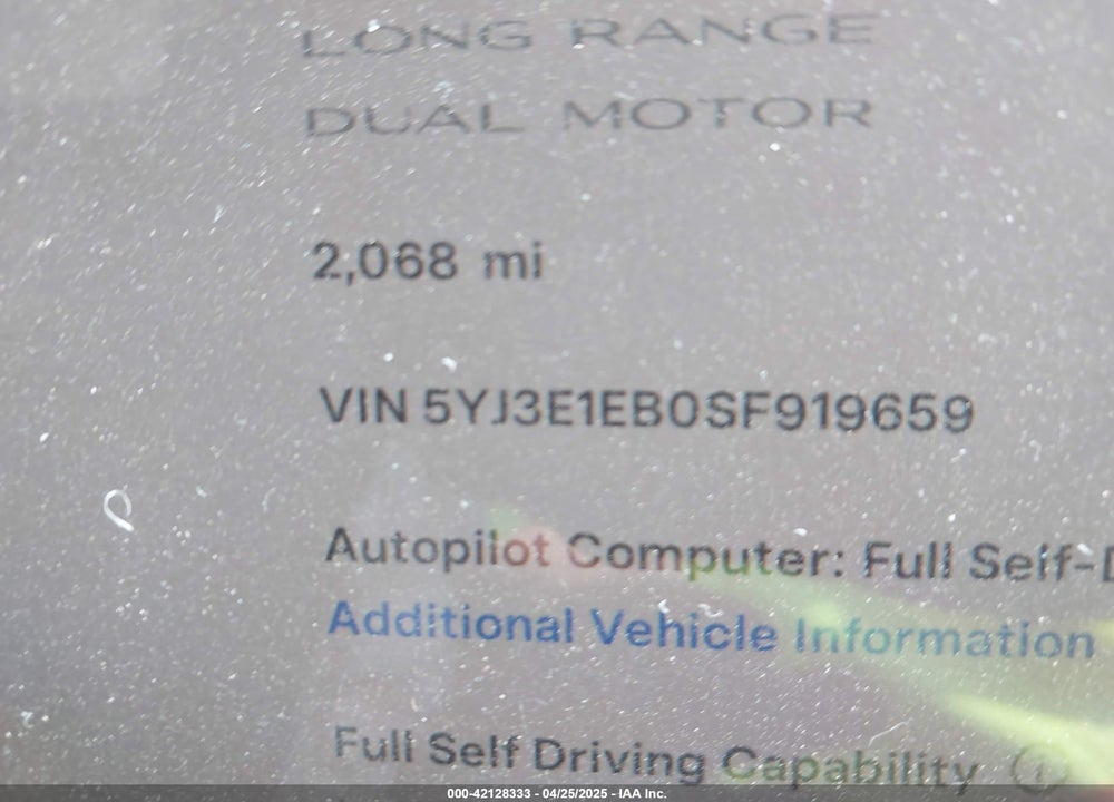 2025 TESLA MODEL 3 LONG RANGE ALL-WHEEL DRIVE VIN: 5YJ3E1EB0SF919659