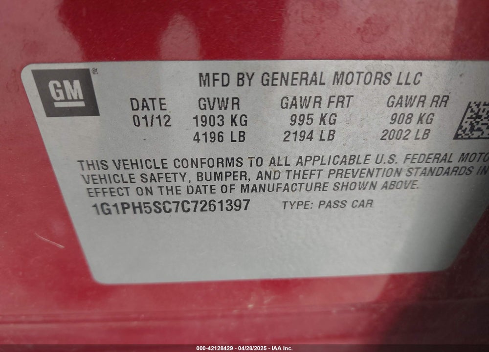 2012 CHEVROLET CRUZE VIN: 1G1PH5SC7C7261397