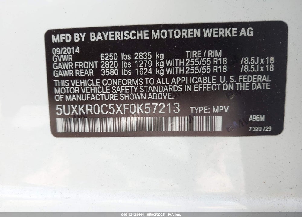 2015 BMW X5 VIN: 5UXKR0C5XF0K57213