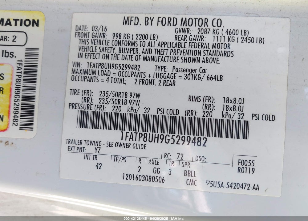 2016 FORD MUSTANG ECOBOOST PREMIUM VIN: 1FATP8UH9G5299482