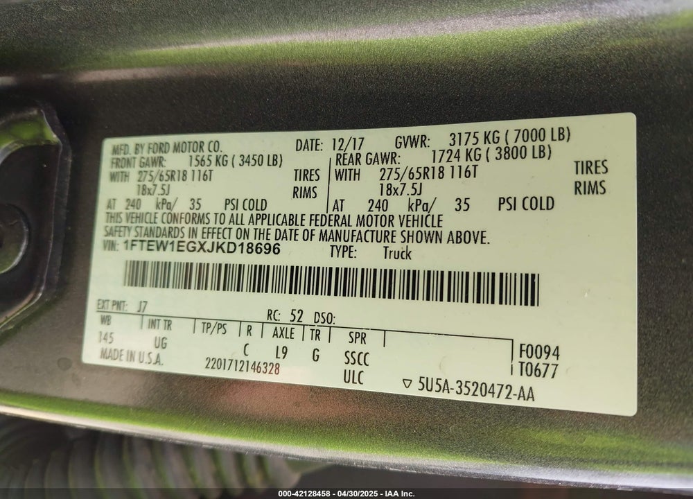 2018 FORD F-150 XLT VIN: 1FTEW1EGXJKD18696
