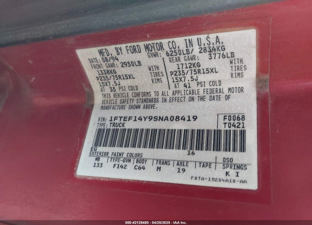 1995 FORD F150 VIN: 1FTEF14Y9SNA08419