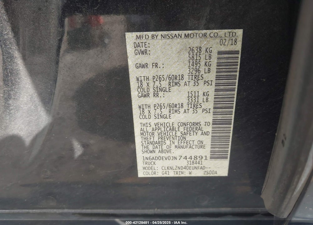 2018 NISSAN FRONTIER SV VIN: 1N6AD0EV0JN744891