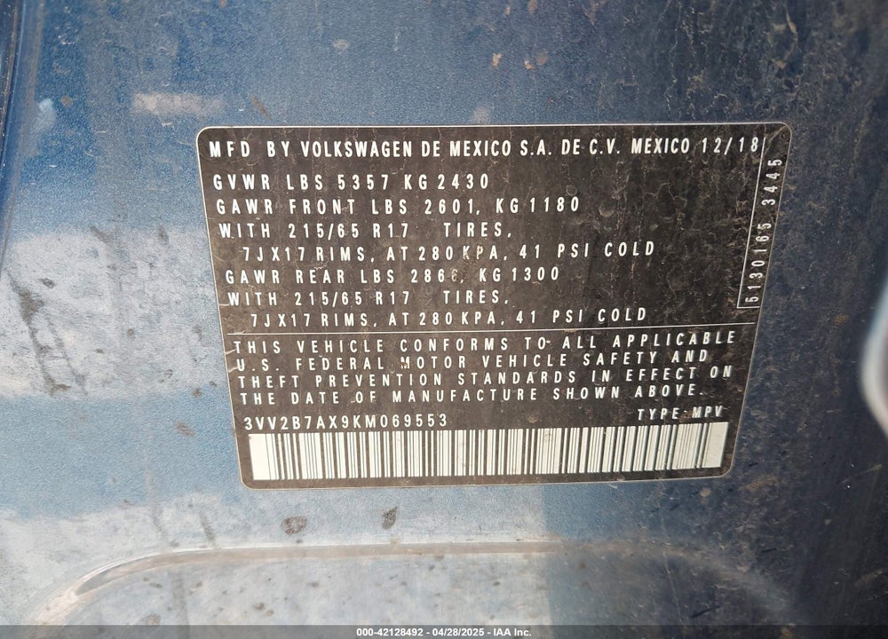 2019 VOLKSWAGEN TIGUAN VIN: 3VV2B7AX9KM069553