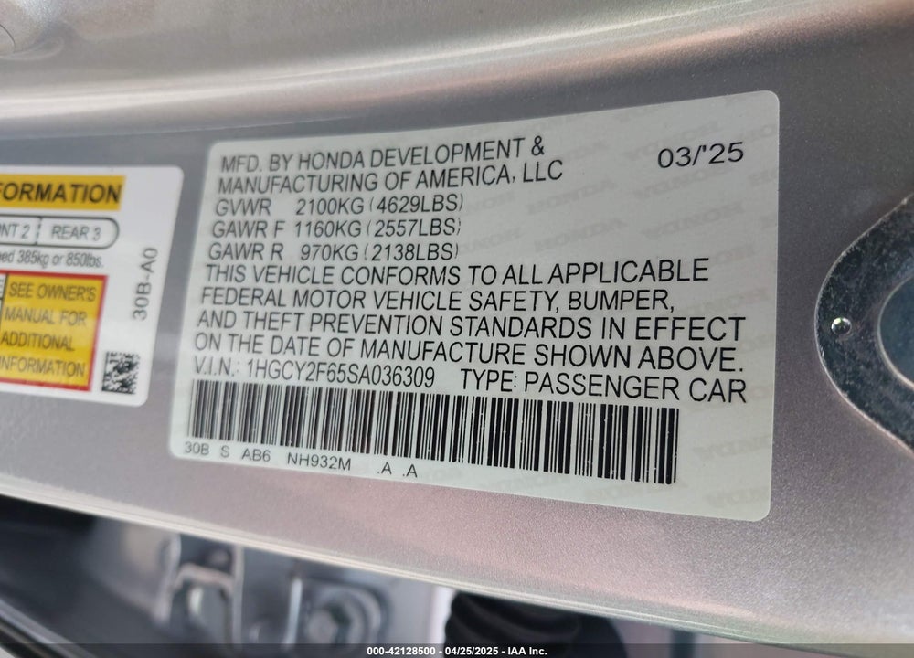 2025 HONDA ACCORD HYBRID EX-L VIN: 1HGCY2F65SA036309