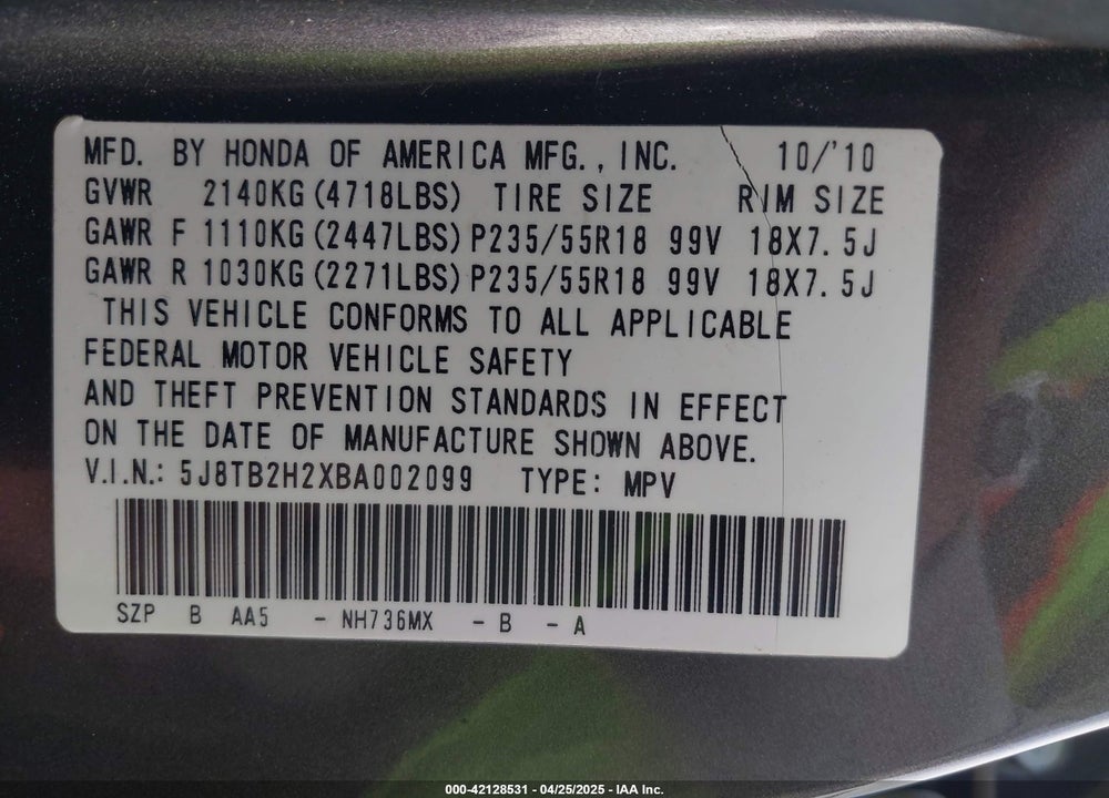 2011 ACURA RDX VIN: 5J8TB2H2XBA002099
