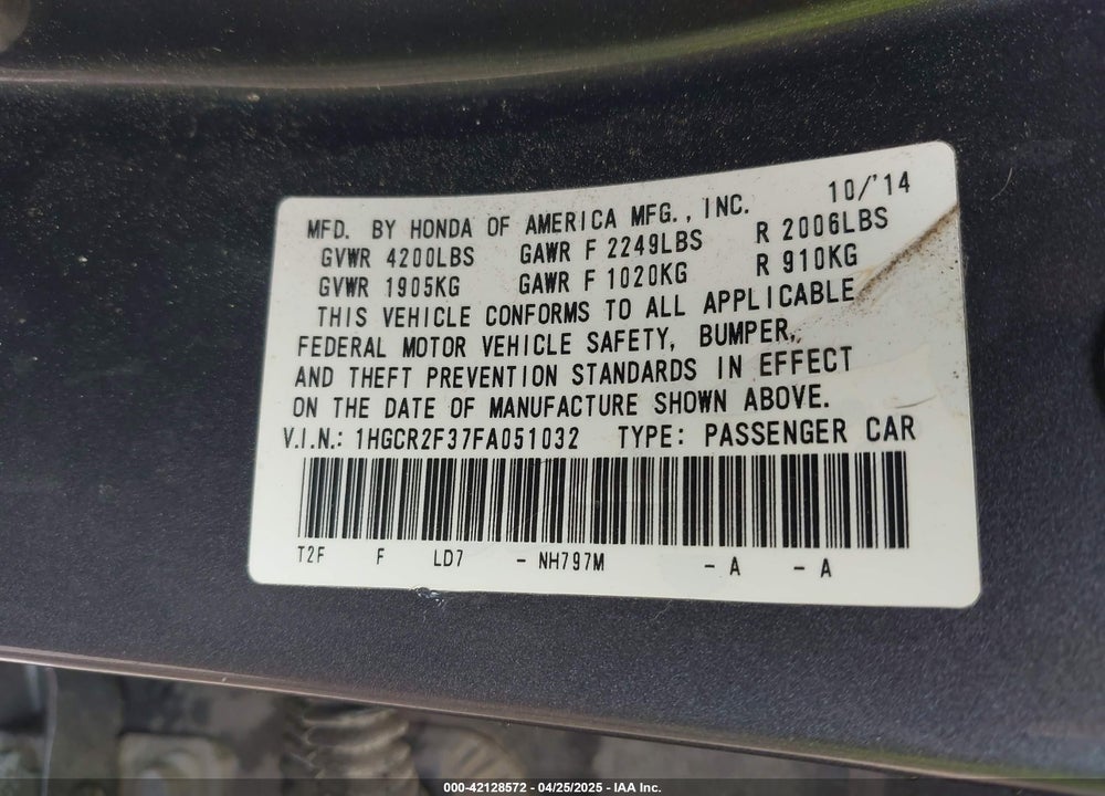 2015 HONDA ACCORD VIN: 1HGCR2F37FA051032