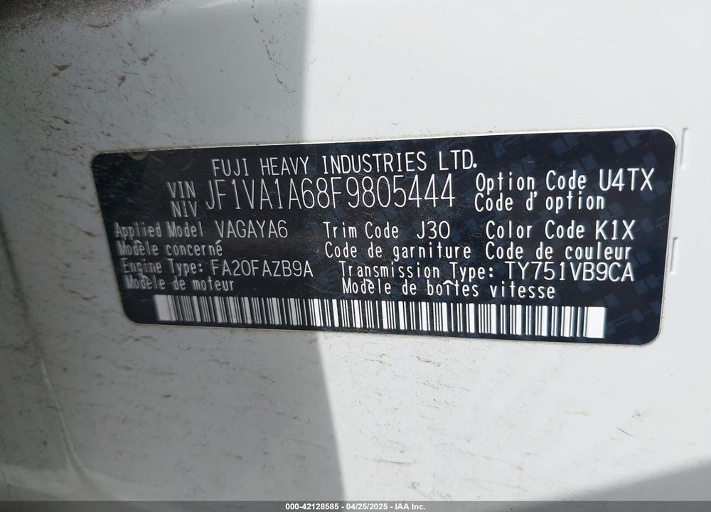 2015 SUBARU WRX VIN: JF1VA1A68F9805444